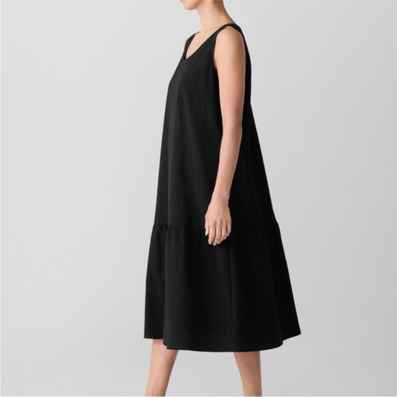 EILEEN Fisher Black Organic Cotton Seersucker Pucker Tiered Dress, Size Small - Picture 6 of 15